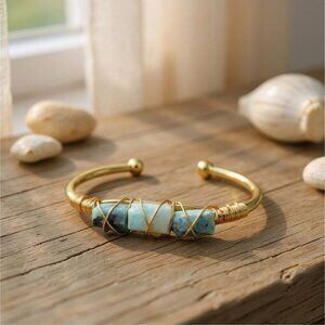 Larimar 3-Stone Wire Wrap Cuff – 14Kt Gold Over Copper – Ocean Calm Talisman